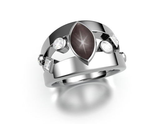 Black Star Sapphire Marquise Ring with Gems